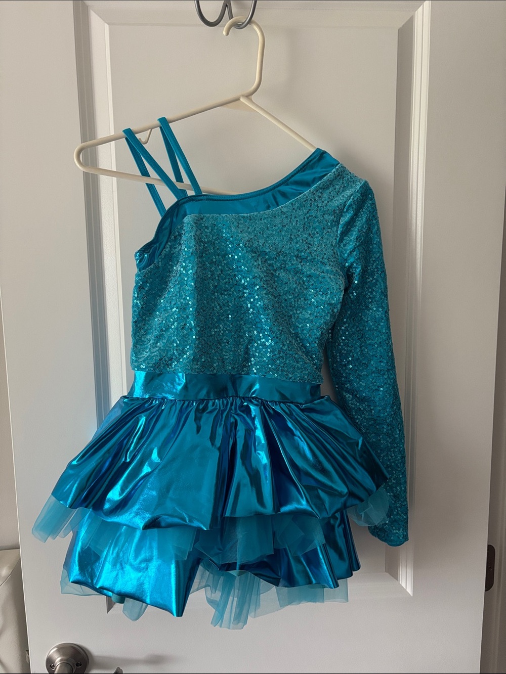 Girls Turquoise Sparkle Dance Costume with One-Shoulder Design